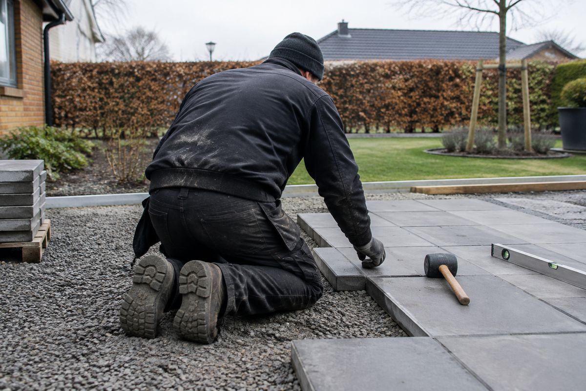 Brolægger lægger fliser i dansk have